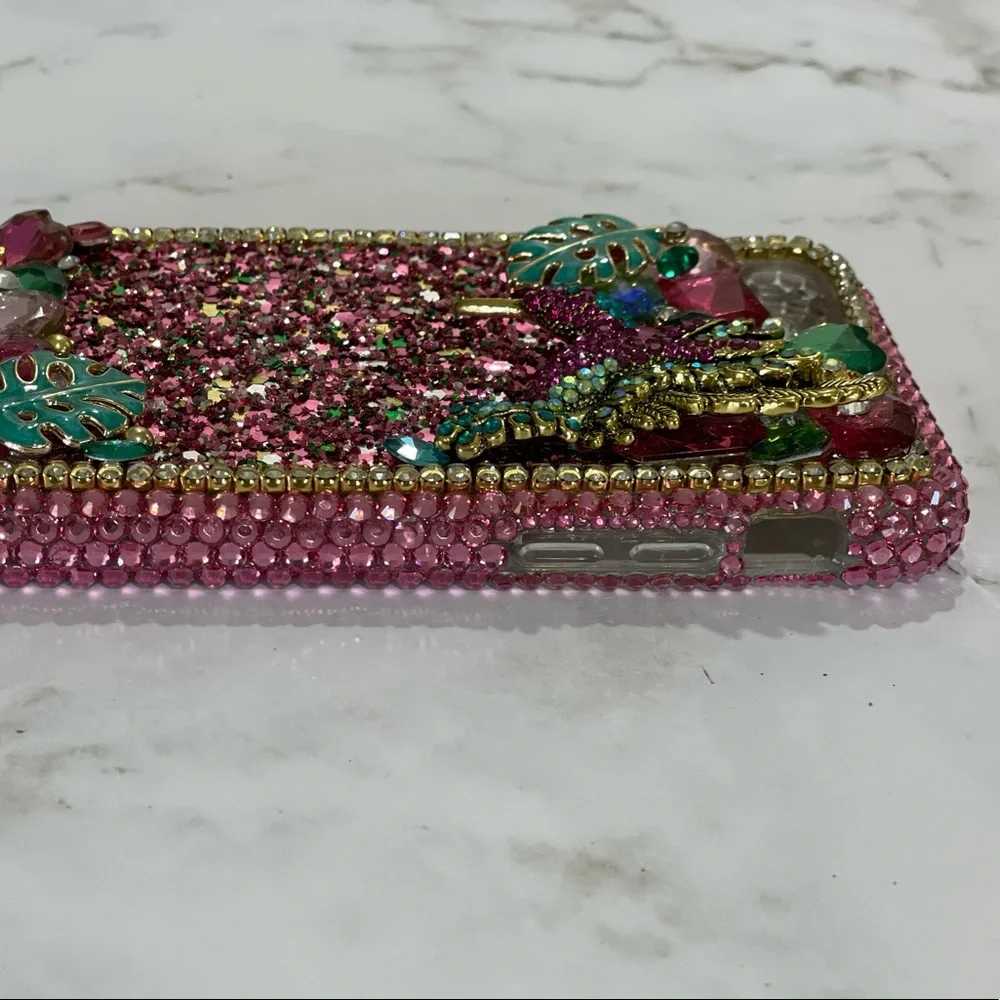 iPhone 7/8 case Pink crystals glitter tropical with hummingbird greenery - Picture 4 of 5